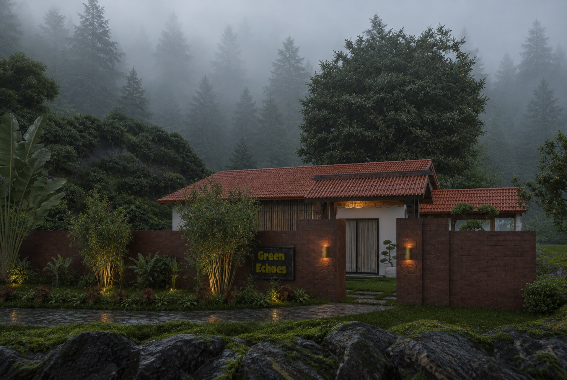 Villa entrance in the Coorg mist