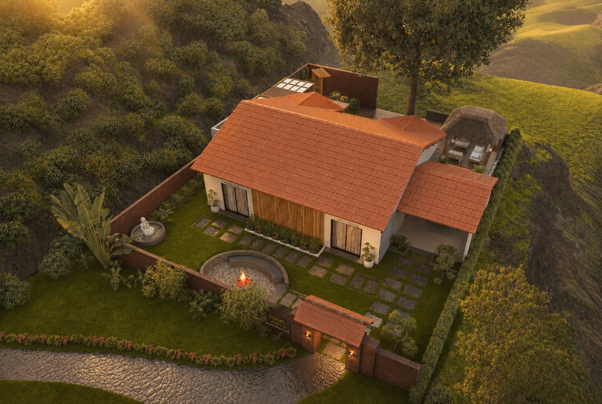 Aerial view of the villa and grounds at golden hour