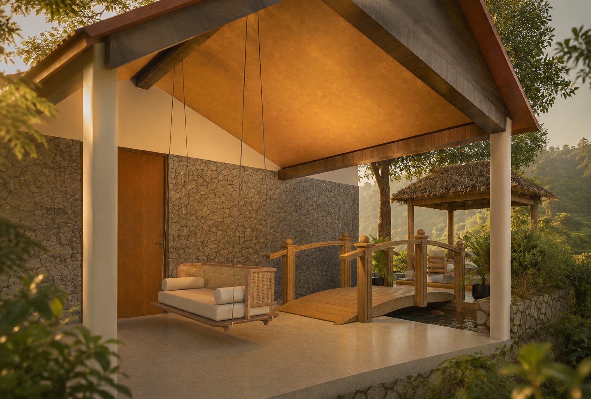 Outdoor living pavilion with moonbridge